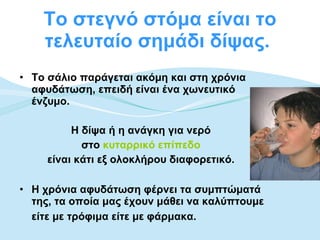 Το στεγνό στόμα είναι το τελευταίο σημάδι δίψας.  Το σάλιο παράγεται ακόμη και στη χρόνια αφυδάτωση, επειδή είναι ένα χωνευτικό ένζυμο.  Η δίψα ή η ανάγκη για νερό  στο  κυταρρικό επίπεδο   είναι κάτι εξ ολοκλήρου διαφορετικό.  Η χρόνια αφυδάτωση φέρνει τα συμπτώματά της, τα οποία μας έχουν μάθει να καλύπτουμε είτε με τρόφιμα είτε με φάρμακα.   