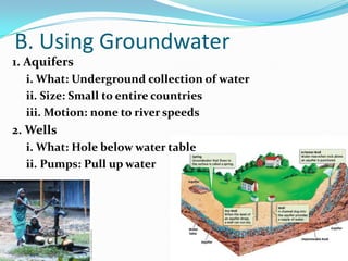 B. Using Groundwater1. Aquifersi. What: Underground collection of waterii. Size: Small to entire countriesiii. Motion: none to river speeds2. Wellsi. What: Hole below water tableii. Pumps: Pull up water