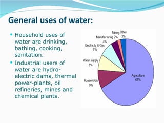 General uses of water: Household uses of water are drinking, bathing, cooking, sanitation. Industrial users of water are hydro-electric dams, thermal power-plants, oil refineries, mines and chemical plants. 