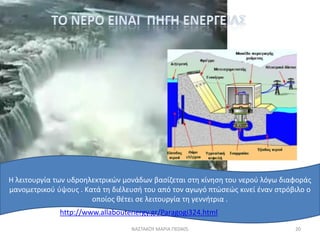 Η λειτουργία των υδροθλεκτρικϊν μονάδων βαςίηεται ςτθ κίνθςθ του νεροφ λόγω διαφοράσ
μανομετρικοφ φψουσ . Κατά τθ διζλευςι του από τον αγωγό πτϊςεϊσ κινεί ζναν ςτρόβιλο ο
                       οποίοσ κζτει ςε λειτουργία τθ γεννιτρια .
              http://www.allaboutenergy.gr/Paragogi324.html
                                  ΝΑ΢ΣΑΚΟΤ ΜΑΡΙΑ ΠΕ0405                         20
 