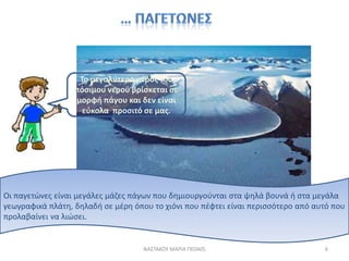 Το μεγαλφτερο μζροσ του
                  πόςιμου νεροφ βρίςκεται ςε
                  μορφι πάγου και δεν είναι
                    εφκολα προςιτό ςε μασ.




Οι παγετϊνεσ είναι μεγάλεσ μάηεσ πάγων που δθμιουργοφνται ςτα ψθλά βουνά ι ςτα μεγάλα
γεωγραφικά πλάτθ, δθλαδι ςε μζρθ όπου το χιόνι που πζφτει είναι περιςςότερο από αυτό που
προλαβαίνει να λιϊςει.


                                    ΝΑ΢ΣΑΚΟΤ ΜΑΡΙΑ ΠΕ0405                         6
 