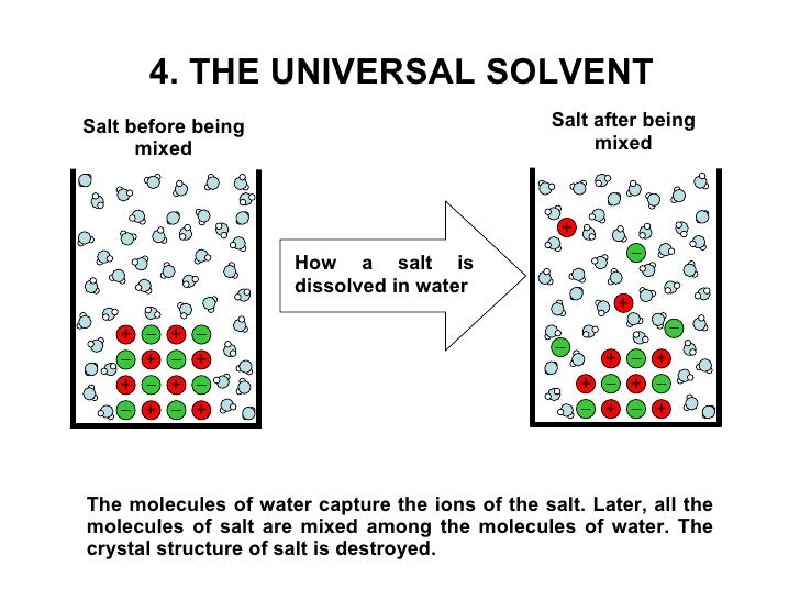 water as a universal solvent Due to the fact that water is essentially inert it can be reused indefinitely as a solvent undergoing almost no modification in the process a solution that consists of a solvent and one or more dissolved substances is known as solutes. water as a universal solvent Due to the fact that water is essentially inert it can be reused indefinitely as a solvent undergoing almost no modification in the process a solution that consists of a solvent and one or more dissolved substances is known as solutes.