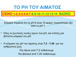 ΤΟ PH ΤΟΥ ΑΙΜΑΤΟΣ
 ΟΞΙΝΟ 1-2-3-4-5-6-7-8-9-10-11-12-13-14 ΒΑΣΙΚΟ

  Κλίμακα σημαίνει ότι το pH 6 είναι 10 φορές περισσότερο οξύ
                          από το pH 7.

• Όλες οι ζωντανές ουσίες έχουν ένα pH, και επίσης μια
  βέλτιστη κλίμακα του pH.

• Η κλίμακα του pH του αίματος είναι 7,3 - 7,45 για την
  ανθρώπινη ζωή.
               Πιο όξινοι από 7,3 πεθαίνουμε.
              Πιο βασικοί από 7,45 πεθαίνουμε.
 