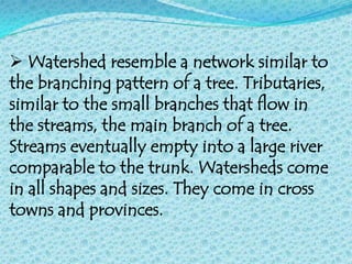  Watershed resemble a network similar to
the branching pattern of a tree. Tributaries,
similar to the small branches that flow in
the streams, the main branch of a tree.
Streams eventually empty into a large river
comparable to the trunk. Watersheds come
in all shapes and sizes. They come in cross
towns and provinces.
 
