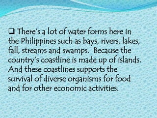  There’s a lot of water forms here in
the Philippines such as bays, rivers, lakes,
fall, streams and swamps. Because the
country’s coastline is made up of islands.
And these coastlines supports the
survival of diverse organisms for food
and for other economic activities.
 