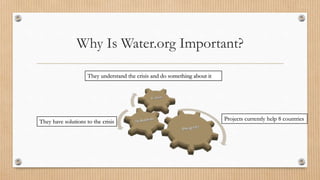 Why Is Water.org Important?
They have solutions to the crisis
They understand the crisis and do something about it
Projects currently help 8 countries
 