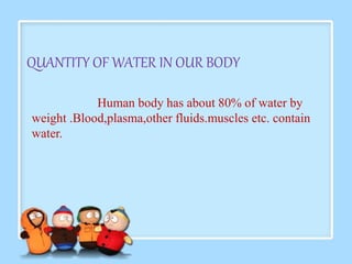 QUANTITY OF WATER IN OUR BODY 
Human body has about 80% of water by 
weight .Blood,plasma,other fluids.muscles etc. contain 
water. 
 