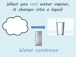 When you cool water vapour,
it changes into a liquid.
Water condenses.
 