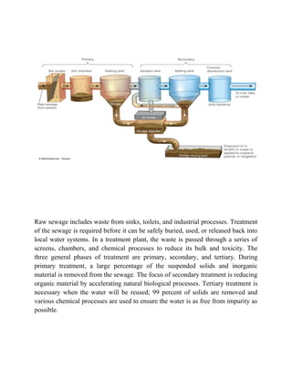 Raw sewage includes waste from sinks, toilets, and industrial processes. Treatment
of the sewage is required before it can be safely buried, used, or released back into
local water systems. In a treatment plant, the waste is passed through a series of
screens, chambers, and chemical processes to reduce its bulk and toxicity. The
three general phases of treatment are primary, secondary, and tertiary. During
primary treatment, a large percentage of the suspended solids and inorganic
material is removed from the sewage. The focus of secondary treatment is reducing
organic material by accelerating natural biological processes. Tertiary treatment is
necessary when the water will be reused; 99 percent of solids are removed and
various chemical processes are used to ensure the water is as free from impurity as
possible.
 