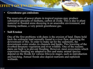 EFFECT ON ENVIRONMENT
• Greenhouse gas emissions
The reservoirs of power plants in tropical regions may produce
substantial amounts of methane, carbon di oxide. This is due to plant
material in flooded areas decaying in an anaerobic environment, and
forming methane, a very potent greenhouse gas.
• Soil Erosion
One of the first problems with dams is the erosion of land. Dams hold
back the sediment load normally found in a river flow, depriving the
downstream of this. In order to make up for the sediments, the
downstream water erodes its channels and banks. This lowering of the
riverbed threatens vegetation and river wildlife. One of the reasons
dams are built is to prevent flooding. However, most ecosystems which
experience flooding are adapted to this and many animal species
depend on the floods for various lifecycle stages, such as reproduction
and hatching. Annual floods also deposit nutrients and replenish
wetlands.
 