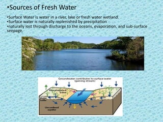 •Sources of Fresh Water
•Surface Water is water in a river, lake or fresh water wetland.
•Surface water is naturally replenished by precipitation
•naturally lost through discharge to the oceans, evaporation, and sub-surface
seepage.
 