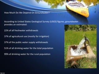 How Much Do We Depend On Groundwater?
According to United States Geological Survey (USGS) figures, groundwater
provides an estimated:
22% of all freshwater withdrawals
37% of agricultural use (mostly for irrigation)
37% of the public water supply withdrawals
51% of all drinking water for the total population
99% of drinking water for the rural population
 