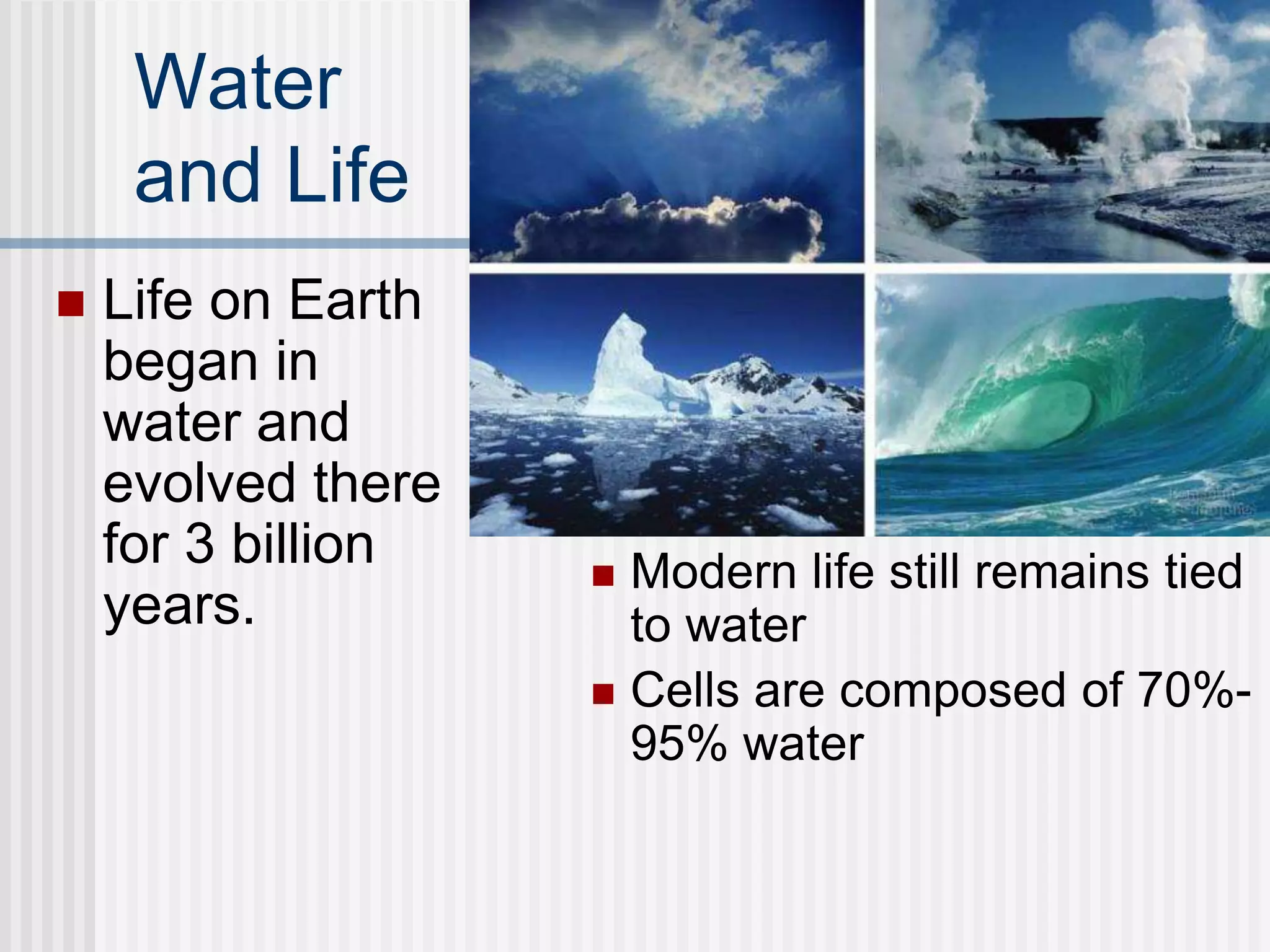 Water
and Life
 Life on Earth
began in
water and
evolved there
for 3 billion
years.
 Modern life still remains tied
to water
 Cells are composed of 70%-
95% water
 