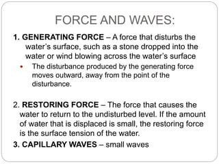 FORCE AND WAVES:
1. GENERATING FORCE – A force that disturbs the
water’s surface, such as a stone dropped into the
water or wind blowing across the water’s surface
 The disturbance produced by the generating force
moves outward, away from the point of the
disturbance.
2. RESTORING FORCE – The force that causes the
water to return to the undisturbed level. If the amount
of water that is displaced is small, the restoring force
is the surface tension of the water.
3. CAPILLARY WAVES – small waves
 