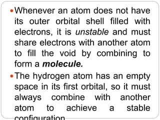 Whenever an atom does not have
its outer orbital shell filled with
electrons, it is unstable and must
share electrons with another atom
to fill the void by combining to
form a molecule.
The hydrogen atom has an empty
space in its first orbital, so it must
always combine with another
atom to achieve a stable
 