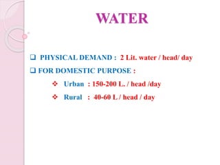 WATER
 PHYSICAL DEMAND : 2 Lit. water / head/ day
 FOR DOMESTIC PURPOSE :
 Urban : 150-200 L. / head /day
 Rural : 40-60 L / head / day
 
