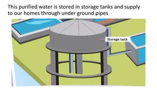 This purified water is stored in storage tanks and supply
to our homes through under ground pipes
 