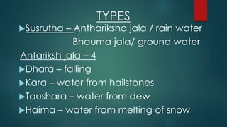 TYPES
Susrutha – Anthariksha jala / rain water
Bhauma jala/ ground water
Antariksh jala – 4
Dhara – falling
Kara – water from hailstones
Taushara – water from dew
Haima – water from melting of snow
 