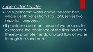 Supernatant water
The supernatant water above the sand bed,
whose depth varies from 1 to 1.5M, serves two
important purposes :
It provides a constant head of water so as to
overcome the resistance of the filter bed and
thereby promote the downward flow of water
through the sand bed.
 