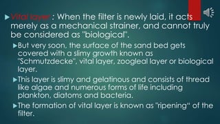 Vital layer : When the filter is newly laid, it acts
merely as a mechanical strainer, and cannot truly
be considered as "biological".
But very soon, the surface of the sand bed gets
covered with a slimy growth known as
"Schmutzdecke", vital layer, zoogleal layer or biological
layer.
This layer is slimy and gelatinous and consists of thread
like algae and numerous forms of life including
plankton, diatoms and bacteria.
The formation of vital layer is known as "ripening“ of the
filter.
 