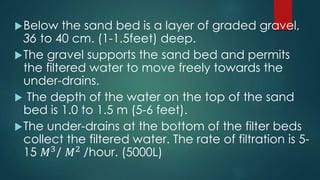 Below the sand bed is a layer of graded gravel,
36 to 40 cm. (1-1.5feet) deep.
The gravel supports the sand bed and permits
the filtered water to move freely towards the
under-drains.
 The depth of the water on the top of the sand
bed is 1.0 to 1.5 m (5-6 feet).
The under-drains at the bottom of the filter beds
collect the filtered water. The rate of filtration is 5-
15 𝑀3
/ 𝑀2
/hour. (5000L)
 