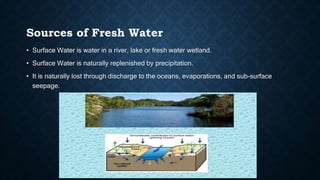 Sources of Fresh Water
• Surface Water is water in a river, lake or fresh water wetland.
• Surface Water is naturally replenished by precipitation.
• It is naturally lost through discharge to the oceans, evaporations, and sub-surface
seepage.
 