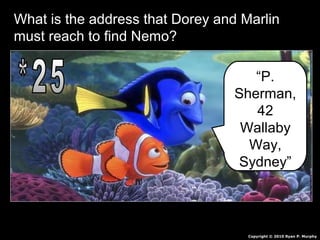 What is the address that Dorey and Marlin
must reach to find Nemo?
Copyright © 2010 Ryan P. Murphy
“P.
Sherman,
42
Wallaby
Way,
Sydney”
 