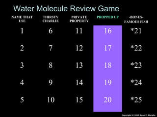 NAME THAT
USE
THIRSTY
CHARLIE
PRIVATE
PROPERTY
PROPPED UP -BONUS-
FAMOUS FISH
1 6 11 16 *21
2 7 12 17 *22
3 8 13 18 *23
4 9 14 19 *24
5 10 15 20 *25
Copyright © 2010 Ryan P. Murphy
Water Molecule Review Game
 