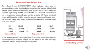 Regeneration of Anion Exchange Resin
The exhausted resin RCl/R2SO4/R2CO3 after replacing anions can be
regenerated by spraying the NaOH solution through the injector. When NaOH
solution passes through the exhausted resin, having Cl-/CO3
-/SO4
2- anions are
reversibly replaced by the OH- ions of NaOH. The exhausted/ saturated resin
can be regenerated again and again and the available OH- basic functional
groups will further be used for removing anionic impurities of treated water.
The reactions taking place during regeneration of exhausted anion exchange
resin are as follows:
RCl + NaOH → ROH- + NaCl
R2SO4 + 2NaOH → 2ROH- + NaSO4
R2CO3 + 2NaOH → 2ROH- + Na2CO3
Exhausted Resin Regenerated Resin
In the above reactions NaCl/Na2SO4/Na2CO3 released after regenerating the
exhausted resin are removed through the sink valve of the anion exchange
column the softener during the regeneration process.
Anion Exchange Column
 