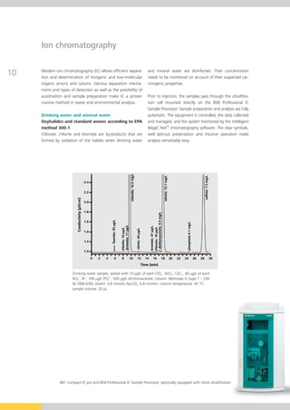 Ion chromatography


10   Modern ion chromatography (IC) allows efficient separa-
     tion and determination of inorganic and low-molecular
                                                                      and mineral water are disinfected. Their concentration
                                                                      needs to be monitored on account of their suspected car-
     organic anions and cations. Various separation mecha-            cinogenic properties.
     nisms and types of detection as well as the possibility of
     automation and sample preparation make IC a proven               Prior to injection, the samples pass through the ultrafiltra-
     routine method in water and environmental analysis.              tion cell mounted directly on the 858 Professional IC
                                                                      Sample Processor. Sample preparation and analysis are fully
     Drinking water and mineral water                                 automatic. The equipment is controlled, the data collected
     Oxyhalides and standard anions according to EPA                  and managed, and the system monitored by the intelligent
     method 300.1                                                     MagIC NetTM chromatography software. The clear symbols,
     Chlorate, chlorite and bromate are by-products that are          well laid-out presentation and intuitive operation make
     formed by oxidation of the halides when drinking water           analysis remarkably easy.




                      Drinking water sample, spiked with 10 μg/L of each ClO2–, BrO3–, ClO3–, 40 μg/L of each
                      NO2–, Br–, 100 μg/L PO43–, 500 μg/L dichloroacetate; column: Metrosep A Supp 7 – 250
                      (6.1006.630); eluent: 3.6 mmol/L Na2CO3, 0.8 mL/min; column temperature: 45 °C;
                      sample volume: 20 μL




               881 Compact IC pro and 858 Professional IC Sample Processor, optionally equipped with inline ultraﬁltration
 
