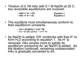 Titration of 0.1M HAc with 0.1 M NaOH at 25 C. two reversible equilibriums are involved: H2O    H +  + OH -   Equation 1 HAc    H +  + Ac - Equation 2 The equilibria must simultaneously conform to their equilibrium constants. Kw = [H + ][OH - ] = 1x10 -14  M 2 Ka = [H + ][Ac - ]/[HAc] = 1x10 -5  M As NaOH is added, OH -  combines with free H +  to form H 2 O according to equation 1.  As H +  is removed, HAc ionizes more to satisfy its equilibrium producing Ac -  as NaOH is added.  As the titration continues, remaining undissociated HAc is gradually converted to Ac - . 