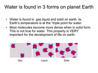 Water is found in 3 forms on planet Earth Water is found in  gas liquid and solid on earth. Ie. Earth’s temperature is at the “triple point for water. Most molecules become more dense when in solid form. This is not true for water. This property is VERY important for the development of life on earth. Gas  Liquid  Solid 
