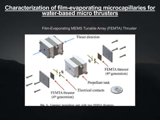 Characterization of film-evaporating microcapillaries for
water-based micro thrusters
Film-Evaporating MEMS Tunable Array (FEMTA) Thruster
 