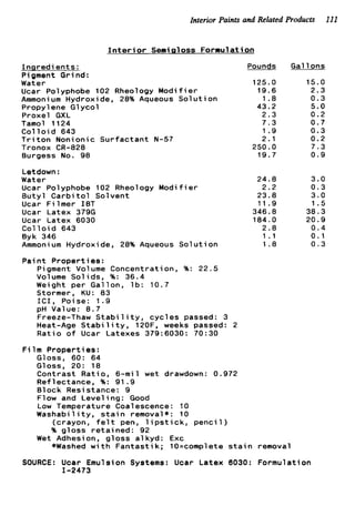 Interior Paints and Related Products 111
I n t e r i o r Semigloss Formulation
I n g r e d i e n t s :
Pigment G r i nd:
Water
Ucar Polyphobe 102 Rheology M o d i f i e r
Ammoni um Hydroxi de, 28% Aqueous Sol u t i on
Propylene G1ycol
Proxel GXL
Tamol 1124
Col l o i d 643
T r i t o n Nonionic Surfactant N-57
Tronox CR-828
Burgess No. 98
Letdown :
Water
Ucar Polyphobe 102 Rheology M o d i f i e r
B u t y l C a r b i t o l Solvent
Ucar Filmer IBT
Ucar Latex 379G
Ucar Latex 6030
C o l l o i d 643
Byk 346
Ammoni um Hydroxide, 28% Aqueous Sol u t i on
Pounds
125.0
19.6
1.8
43.2
2.3
7.3
1.9
2.1
250.0
19.7
24.8
2.2
23.8
11.9
346.8
184.0
2.8
1.1
1.8
Gal 1ons
15.0
2.3
0.3
5.0
0.2
0.7
0.3
0.2
7.3
0.9
3.0
0.3
3.0
1.5
38.3
20.9
0.4
0.1
0 . 3
P a i n t Properties:
Pigment Volume Concentration, %: 22.5
Volume Solids, 96: 36.4
Weight per Gallon, l b : 10.7
Stormer, KU: 83
I C I , Poise: 1.9
pH Value: 8.7
Freeze-Thaw S t a b i l i t y , c y c l e s passed: 3
Heat-Age S t a b i l i t y , 120F. weeks passed: 2
R a t i o o f Ucar Latexes 379:6030: 70:30
F i l m Properties:
Gloss, 60: 64
Gloss, 20: 18
Contrast Ratio, 6-mil wet drawdown: 0.972
Reflectance, %: 91.9
Block Resistance: 9
Flow and Leveling: Good
Low Temperature Coalescence: 10
Washability, s t a i n removal*: 10
(crayon, f e l t pen, l i p s t i c k , p e n c i l )
% gloss retained: 92
*Washed w i t h Fantastik; lO=complete s t a i n removal
Wet Adhesion, gloss alkyd: Exc
SOURCE : Ucar Emulsion Systems:
1-2473
Ucar Latex 0030: Formulation
 