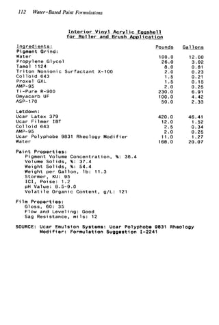 112 Water-Based Pain? Formidations
_ _ _ ~I n t e r i o r V i n y l A c r y l i c Eggshell
f o r R o l l e r and Brush A p p l i c a t i o n
I n q r e d ie n t s :
Pigment Grind:
Water
Propylene G1ycol
Tamol 1124
T r i t o n Nonionic S u r f a c t a n t X-100
C o l l o i d 643
Proxel GXL
T i -Pure R-900
Omyacarb UF
AMP-95
ASP-1 70
Letdown :
Ucar Latex 379
Ucar F i l m e r IBT
Col l o i d 643
Ucar Polyphobe 9831 Rheology M o d i f i e r
Water
P a i n t P r o p e r t i e s :
AMP-95
Pigment Volume Concentration, %: 36.4
Volume S o l i d s , %: 37.4
Weight S o l i d s , %: 54.4
Weight per Gallon, l b : 11.3
Stormer, KU: 95
I C I , Poise: 1 . 2
pH Value: 8.5-9.0
V o l a t i l e Organic Content, g/L: 121
F i l m P r o p e r t i e s :
Gloss, 60: 35
Flow and Leveling: Good
Sag Resistance, m i l s : 12
Pounds
100.0
26.0
8.0
2.0
1.5
1.5
2.0
230.0
100.0
50.0
420.0
12.0
2.5
2.0
11.o
168.0
Gallons
12.00
3.02
0.81
0.23
0.21
0.15
0.25
6.91
4.42
2.33
46.41
1.52
0.34
0.25
1.27
20.07
SOURCE: Ucar Emulsion Systems: Ucar Polyphobe 9831 Rheology
Modi f ie r : Formulation Suggestion 1-2241
 