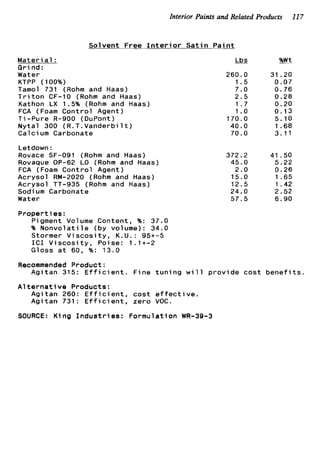Interior Paints and Related Products 117
-S o l v e n t Free I n t e r i o r S a t i n P a i n t
M a t e r i a l :
G r i n d :
Water
KTPP (100%)
Tamol 731 (Rohm and Haas)
T r i t o n CF-10 (Rohm and Haas)
Kathon LX 1.5% (Rohm and Haas)
FCA (Foam C o n t r o l Agent)
Ti-Pure R-900 (DuPont)
N y t a l 300 ( R . T . V a n d e r b i l t )
C a l c i um Carbonate
Letdown :
Rovace SF-091 (Rohm and Haas)
Rovaque OP-62 L O (Rohm and Haas)
FCA (Foam C o n t r o l Agent)
A c r y s o l RM-2020 (Rohm and Haas)
A c r y s o l TT-935 (Rohm and Haas)
Sodium Carbonate
Water
P r o p e r t i e s :
Pigment Volume Content, %: 37.0
% N o n v o l a t i l e (by volume): 34.0
Stormer V i s c o s i t y , K.U.: 95+-5
I C 1 V i s c o s i t y . Poise: 1.1+-2
Gloss a t 60,-%: 13.0
Recommended P r o d u c t :
A g i t a n 315: E f f i c i e n t . F i n e
A l t e r n a t i v e Products:
A g i t a n 260: E f f i c i e n t , c o s t
A g i t a n 731: E f f i c i e n t , z e r o
SOURCE: K i n g I n d u s t r i e s : Formu
!&
260.0
1.5
7.0
2.5
1 . 7
1.o
170.0
40.0
70.0
372.2
45.0
2.0
15.0
12.5
24.0
57.5
%wt
31.20
0.07
0 . 7 6
0.28
0.20
0.13
5.10
1.68
3.11
41.50
5.22
0.26
1.65
1.42
2.52
6.90
t u n i ng w i 11 p r o v i d e c o s t b e n e f i t s .
e f f e c t i v e .
voc .
a t i o n WR-39-3
 