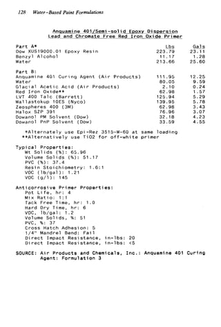 I28 Water-Based Paint Formulations
Anquami ne 401/Semi -sol i d Epox D i s p e r s i on
___Lead and Chromate F r e e Red IronYOxide P r i m e r
P a r t A*
Dow XUS19000.01 Epoxy Resin
Benzyl A l c o h o l
Water
P a r t B:
Anquamine 401 C u r i n g Agent
Water
G l a c i a l A c e t i c A c i d ( A i r P r
Red I r o n Oxide**
LVT 400 T a l c ( B a r r e t t )
W a l l a s t o k u p I O E S (Nyco)
Zeospheres 400 (3M)
Halox SZP 391
Dowanol PM S o l v e n t (Dow)
Dowanol PnP S o l v e n t (Dow)
& @&
223.79 23.11
1 1 . 1 7 1.28
213.66 25.60
( A i r P r o d u c t s ) 111.95
80.05
o d u c t s ) 2 . 1 0
62.98
125.94
139.95
62.98
76.96
32.18
33.59
1 2 . 2 5
9 . 5 9
0 . 2 4
I . 5 7
5.29
5 . 7 8
3.43
3.07
4.23
4.55
* A l t e r n a t e l y use Epi-Rez 3515-W-60 a t same l o a d i n g
* * A l t e r n a t i v e l y use T i 0 2 f o r o f f - w h i t e p r i m e r
T y p i c a l P r o p e r t i e s :
W t S o l i d s ( % ) : 6 5 . 9 6
Volume S o l i d s (%): 51.17
PVC ( % ) : 37.4
Resin S t o i c h i o m e t r y : 1 . 6 : 1
VOC ( l b / g a l ) : 1 . 2 1
VOC ( g / l ) : 145
A n t i c o r r o s i v e Primer P r o p e r t i e s :
Pot L i f e , h r : 4
M i x R a t i o : 1 : l
Tack Free Time, h r : 1 . 0
Hard D r y Time, h r : 6
VOC, l b / g a l : 1 . 2
Volume S o l i d s , %: 51
PVC, %: 37
Cross Hatch Adhesion: 5
1/4" Mandrel Bend: Fai 1
D i r e c t Impact Resi stance, in-1 bs: 20
D i r e c t Impact Resi stance, in-1 bs: (5
SOURCE: A i r P r o d u c t s and Chemicals, I n c . : Anquamine 401 C u r i n g
Agent: F o r m u l a t i o n 3
 