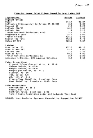 Primers 139
E x t e r i o r House P a i n t Primer Based On Ucar Latex 163
I nqredie n t s :
Pigment Grind:
Water
C e l l o s i z e Hydroxyethyl C e l l u l o s e
Nuosept 95
Col 1o i d 226/35
C o l l o i d 640
T r i t o n Nonionic S u r f a c t a n t N-101
Propylene Glycol
Tronox CR-828
Nicron 400 Talc
Halox EW-100
~~Pounds Gal l o n s
244.7 29.37
ER-30,000 3.5 0.32
2 . 3 0.25
10.5 I .oo
1 . 9 0.25
2.1 0.25
25.9 3.00
125.0 3.65
113.5 4.76
100.0 4.37
Letdown :
Ucar Latex 163 437.5 49.16
Ucar F i l m e r IET 12.7 1.60
C o l l o i d 640 1.9 0.25
NuoCi de 404-D 10.3 1 .oo
T r i t o n Nonionic S u r f a c t a n t CA 2 . 1 0.25
Ammonium Hydroxide, 28% Aqueous S o l u t i o n 3.8 0.50
P a i n t P r o p e r t i e s :
Pigment Volume Concentration, %: 32.0
Volume S o l i d s , %: 40.0
Weight S o l i d s , %: 54.0
Weight per Gallon, l b : 11.0
Stormer, KU: 86
I C I . poise: 1 .O
pH, i n i t i a l : 8 . 5
Freeze-Thaw S t a b i l i t y , 3 c y c l e s : Pass
Heat S t a b i l i t y , 2 weeks a t 120F: Pass
F i l m P r o p e r t i e s :
Reflectance, %: 88.3
Sheen, 85: 11.6
Contrast R a t i o , 6-mil bar: 0.96
Tannin S t a i n Resistance cedar and redwood: Very Good
SOURCE: Ucar Emulsion Systems: Formulation Suggestion E-2457
 