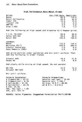 142 Water-Based Paint Formulations
H i q h Performance Bare M e t a l Primer
G r i nd :
Water
B u t y l C e l l o s o l v e
Tamol 165
T r o y s o l LAC
Drew L-493
AMP-95
Lbs./100 Gals. Gms/Liter
92.0 110.0
35.0 42.0
10.0 1 2 . 0
2.0 2 . 4
3 . 0 3 . 6
1.o 1.2
Add t h e f o l l o w i n g a t h i g h speed and d i s p e r s e t o 5 Hegman g r i n d .
Y . I . O . YO-209
Halox SZP-391
N y t a l 400
Letdown :
Water
Mai n c o t e PR-7
D i b u t y l Phtha
Aqua Ammonia
a t e
28%)
50.0 60.0
50.0 60.0
125.0 150.0
112.0 134.5
470.0 564.0
7.0 8 . 4
3.0 3 . 6
Add g r i n d p o r t i o n under a g i t a t i o n and mix u n t i l u n i f o r m . Then
add t h e f o l l o w i n g i n o r d e r l i s t e d .
Ethanol 95%
Raybo 60
18.0 2 1 . 6
5.0 6 . 0
Add s l o w l y w h i l e m i x i n g a t h i g h speed. Do n o t a e r a t e !
QR-708
A c r y s o l RM-1020
Mix u n t i l u n i f o r m .
Formula Constants:
% P i gment/Wt. : 22.51
% P i gment/Vol .: 8.76
% S o l i d s / W t . : 47.26
% Sol ids/Vol . : 35.78
% PVC: 24.48
VOC, l b s . / g a l . : 1.85
VOC, g/L: 222.13
12.0 14.4
5 . 0 6.0
Formula P r o p e r t i e s :
D e n s i t y Lbs ./ g a l . : 10.00
D e n s i t y g/L: 1,199.7
KU ViSc. @ R.T.: 90-95
PH @ R.T.: 9.0-9.5
SOURCE: Halox Pigments: Suggested F o r m u l a t i o n PR-71/391BM
 