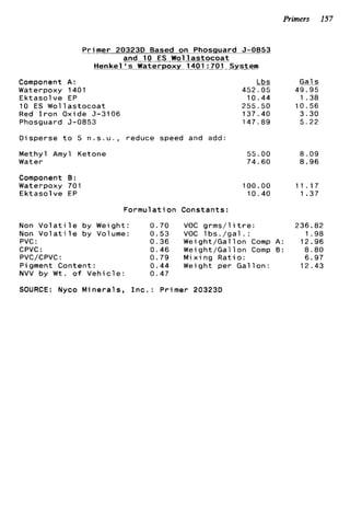 Primers 157
Primer 20323D Based on Phosguard J - O m
and 10 ES W o l l a s t o c o a t
Henkel ‘ s Waterpoxy 1401:701 _Sysrem
Component A:
Waterpoxy 1401
Ektasolve EP
10 ES Wol l a s t o c o a t
Red I r o n Oxide 5-3106
Phosguard 5-0853
Disperse t o 5 n . s . u . , reduce speed and add:
Methyl Amyl Ketone
Water
Component 8 :
Waterpoxy 701
Ektasolve EP
Formulation Constants:
&
452.05
10.44
255.50
137.40
147.89
55.00
74.60
100.00
10.40
Non V o l a t i l e by Weight: 0.70 VOC g r m s / l i t r e :
Non V o l a t i l e by Volume: 0.53 VOC l b s . / g a l . :
PVC : 0.36 Weight/Gallon Comp A :
CPVC : 0.46 Weight/Gallon Comp 0 :
PVC/CPVC : 0.79 M i x i n g R a t i o :
Pigment Content: 0.44 Weight per Gallon:
NVV by W t . o f Vehicle: 0.47
SOURCE: Nyco Minerals, I n c . : Primer 20323D
Gals
49.95
1 .38
10.56
3.30
5.22
8.09
8.96
11.17
1.37
236.82
1.98
12.96
8.80
6.97
12.43
 