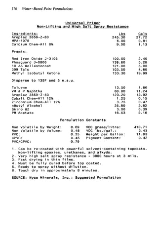 176 Water-Based Paint Formulations
Universal Primer
Non-Li f t ing and H i g h S a l t Spray Resistance
I n s r e d i e n t s :
Aroplaz 3859-2-80
Calcium Chem-All 8%
Premix:
Red I r o n Oxide 5-3106
Phosguard 5-0806
10 AS Wollastocoat
399 Talc
Methyl I s o b u t y l Ketone
Disperse t o 135F and 5 n.s.u.
MPA-1078
To1uene
VM & P Naphtha
Aroplaz 3859-2-80
Cobalt Chem-A1 1 12%
Z i r c o n i um Chem-All 12%
nButyl Alcohol
Skino #2
PM Acetate
& Gals
245.30 27.72
6.00 0.81
9.00 1.13
100.00 2.40
138.60 5.20
121.oo 5.00
103.50 4.60
133.30 19.99
13.50 1.86
68.80 11.24
123.20 13.92
1 .25 0.15
3.75 0.47
25.80 3.82
3.00 0.39
16.53 2.16
Formulation Constants
Non V o l a t i l e by Weight: 0.69 VOC g r a m s / l i t r e : 410.71
Non V o l a t i l e by Volume: 0.48 VOC l b s . / g a l . : 3.43
PVC : 0.35 Weight per Gallon: 11.03
CPVC: 0.45 P i gment Content: 0.42
PVC/CPVC : 0.79
1. Can be re-coated w i t h powerful s o l v e n t - c o n t a i n i n g topcoats.
2. Very h i g h s a l t spray r e s i s t a n c e - 3000 hours a t 3 m i l s .
3. Fast d r y i n g i n t h i n f i l m s .
4. Must be f u l l y cured before t o p coated.
5. Ready t o spray w i t h o u t d i l u t i o n .
6. Touch d r y i n approximately 8 minutes.
SOURCE: Nyco Minerals, Inc.: Suggested Formulation
N o n - l i f t i n g epoxies, urethanes, and alkyds.
 