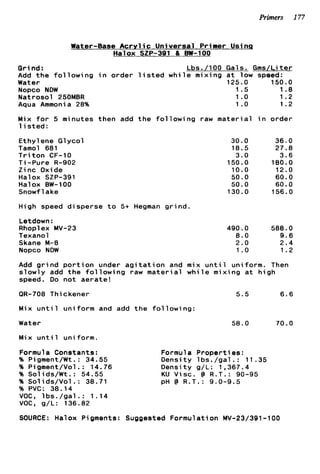 Primers 177
Water-Base Acrylic Universal Primer Using
Halox SZP-391 & EJW-100
Grind: Lbs./100 Gals. Gms/Liter
Add t h e f o l l o w i n g i n order l i s t e d w h i l e mixing a t low speed:
Water 125.0 150.0
Nopco NDW 1.5 1.8
Natrosol 250MBR 1 .o 1.2
Aqua Ammonia 28% 1 .o 1.2
Mix f o r 5 minutes then add t h e f o l l o w i n g raw material i n order
l i s t e d :
Ethylene G1ycol
Tamol 681
T r i t o n CF-10
T i -Pure R-902
Zinc Oxide
Halox SZP-391
Halox BW-100
Snowf 1ake
High speed disperse t o 5+ Hegman g r i n d
Letdown :
Rhopl ex MV-23
Texanol
Skane M-8
Nopco NDW
30.0 36.0
18.5 27.8
3.0 3.6
150.0 180.0
10.0 12.0
50.0 60.0
50.0 60.0
130.0 156.0
490.0 588.0
8.0 9.6
2.0 2.4
1 .o 1.2
Add g r i n d p o r t i o n under a g i t a t i o n and mix u n t i l uniform. Then
slowly add t h e f o l l o w i n g raw material w h i l e mixing a t high
speed. Do not aerate!
OR-708 Thickener 5.5 6.6
Mix u n t i l uniform and add t h e following:
Water 58.0 70.0
Mix u n t i l uniform.
Formula Constants:
% Pigment/Wt. : 34.55
% Pigment/Vol.: 14.76
% Solids/Wt.: 54.55
96 Sol ids/Vol .: 38.71
46 PVC: 38.14
VOC. l b s . / g a l . : 1.14
VOC, g/L: 136.82
Formula Properties:
Density 1bs. /gal. : 1 1 .35
Density g/L: 1 ,367.4
KU Visc. @ R.T.: 90-95
pH @ R.T.: 9.0-9.5
SOURCE: Halox Pigments: Suggested Formulation MV-23/391-100
 