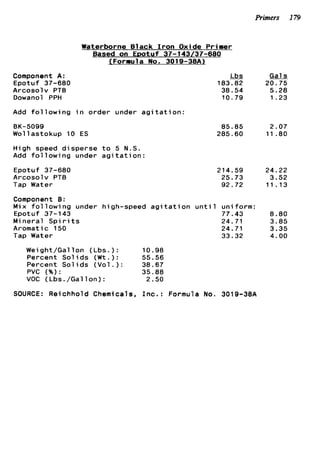 Primers 179
Waterborne Black Iron Oxide Primer
Based on EDotuf 37-143/37-680
(Formula No. 3019-38A)
Component A:
Arcosolv PTB
Dowanol PPH
Add f o l l o w i n g i n order under a g i t a t i o n :
Epotuf 37-680
BK-5099
Wollastokup 10 ES
High speed disperse t o 5 N.S.
Add f o l l o w i n g under a g i t a t i o n :
Epotuf 37-680
Arcosolv PTB
Tap Water
Lbs
183.82
38.54
10.79
85.85
285.60
214.59
25.73
92.72
Component 8 :
Mix f o l l o w i n g under high-speed a g i t a t i o n u n t i 1 uniform:
Epotuf 37-143 77.43
Mineral S p i r i t s 24.71
Aromatic 150 24.71
Tap Water 33.32
Weight/Gallon (Lbs.): 10.98
Percent S o l i d s (Wt.): 55.56
Percent S o l i d s ( V o l . ) : 38.67
PVC (%I: 35.88
VOC (Lbs./Gallon): 2.50
SOURCE: Reichhold Chemicals, I n c . : Formula No. 3019-38A
Gals
20.75
5.28
1.23
2.07
11 .80
24.22
3.52
11.13
8.80
3.85
3.35
4.00
 