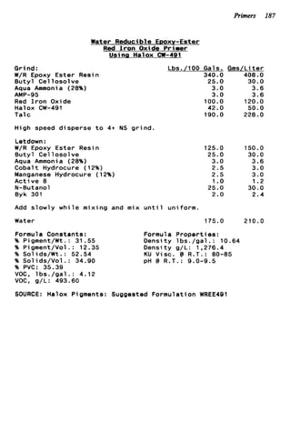Primers 187
Water Reducible Epoxy-Ester
Red Iron Oxide Primer
Using Halox CW-491
Grind:
W/R Epoxy Ester Resin
B u t y l C e l l o s o l v e
Aqua Ammonia (28%)
Red I r o n Oxide
Halox CW-491
Talc
AMP-95
Lbs. / l o 0 Gals. Gms/Li t e r
340.0 408.0
25.0 30.0
3.0 3.6
3.0 3.6
100.0 120.0
42.0 50.0
190.0 228.0
High speed disperse t o 4+ NS g r i n d .
Letdown :
W/R Epoxy Ester Resin
B u t y l C e l l o s o l v e
Aqua Ammonia (28%)
Cobalt Hydrocure (12%)
Manganese Hydrocure (12%)
A c t i v e 8
N- Butano1
Byk 301
Add slowly w h i l e mixing and mix u n t i l uniform.
125.0
25.0
3.0
2.5
2.5
1.o
25.0
2.0
150.0
30.0
3.6
3.0
3.0
1.2
30.0
2.4
Water 175.0 210.0
Formula Constants:
% P i gment/Wt .: 31 .55
% P i gment/Vol .: 12.35
% Solids/Wt.: 52.54
% S o l i d s / V o l . : 34.90
% PVC: 35.39
VOC, l b s . / g a l . : 4.12
VOC, g/L: 493.60
Formula P r o p e r t i e s :
Density l b s . / g a l . : 10.64
Density g/L: 1,276.4
KU Visc. @ R . T . : 80-85
pH @ R.T.: 9.0-9.5
SOURCE: Halox Pigments: Suggested Formulation WREE491
 