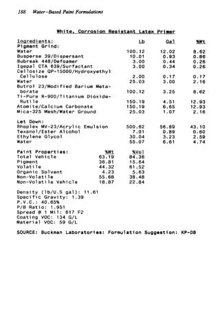 188 Water-Based Paint Formulations
White. Corrosion Resistant Latex Primer
Innredient s :
Pigment G r i nd:
Water
Busperse 39/Dispersant
Bubreak 448/Defoamer
Igepal CTA 639/Surfactant
C e l l o s i z e QP-l500O/Hydroxyethyl
Water
B u t r o l 23/Modified Barium Meta-
T i -Pure R-SOO/Titanium Dioxide-
Atomite/Calcium Carbonate
Mica-325 Mesh/Water Ground
Let Down:
Rhoplex MV-23/Acryl i c Emu1sion
Texanol/Ester Alcohol
Ethylene Glycol
Water
Pai n t Propert ies :
Total Vehicle 63.19
Pigment 36.81
V o l a t i l e 44.32
Organic Solvent 4.23
Non-Volatile 55.68
Non-Volatile Vehicle 18.87
Density (lb/U.S g a l ) : 11.61
S p e c i f i c G r a v i t y : 1.39
P.V.C.: 40.65%
P/B Ratio: 1.951
Spread @ 1 M i l : 617 F2
Coating VOC: 134 G/L
M a t e r i a l VOC: 59 G/L
C e l l u lose
borate
R u t i l e
!& Gal
100.12 12.02
10.01 0.93
3.00 0.44
3.00 0.34
2.00 0.17
25.03 3.00
100.12 3.25
150.19 4.51
150.19 6.65
25.03 1.07
500.62 56.89
7.01 0.89
30.04 3.23
55.07 6.61
%vel
84.36
15.64
61 .52
5.63
38.48
22.84
a
8.62
0.86
0.26
0.26
0.17
2.16
8.62
12.93
12.93
2.16
43.10
0.60
2.59
4.74
SOURCE: Buckman Laboratories: Formulation Suggestion: KP-08
 