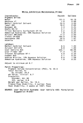 Primers 189
White I n h i b i t i v e Maintenance Primer
I n a r e d i e n t s :
Pigment G r i n d :
Water
Eentone LT
Methyl C a r b i t o l S o l v e n t
Tamol 681
Nuosept 95
DeeFo HG-12
T r i t o n N o n i o n i c S u r f a c t a n t CF-10
Ammonium Hydroxide, 28% Aqueous S o l u t i o n
A c r y s o l RM-2020
Tronox CR-828
Heucophos ZBZ
Atomi t e
Letdown :
Methyl C a r b i t o l S o l v e n t
A c r y s o l SCT-275
Ucar V e h i c l e 435
Ucar F i l m e r IET
Troysan Polyphase AF-1
Foamex 825
Sodium N i t r i t e , 15% Aqueous S o l u t i o n
Ammonium Hydroxide, 28% Aqueous S o l u t i o n
Pounds
151.5
1 . o
25.5
18.2
2 . 3
2.1
2 . 2
1.8
17.2
100.0
50.0
125.7
8 . 5
8 . 6
505.1
1 1 . 4
4.9
2 . 1
9 . 0
1.8
loris
8.19
0 . 0 6
3.00
2.00
0.25
0.25
0.25
0.25
2.00
2.93
1.67
5.57
1.oo
1 .oo
58.06
1 . 4 4
0.50
0.25
1.08
0.25
A d j u s t t o minimum p H 8 . 7
Pai n t P r o p e r t i es :
Pigment Volume C o n c e n t r a t i o n (PVC) , %: 30.0
T o t a l S o l i d s , %:
by volume: 34.0
pH Value, i n i t i a l : 8 . 7
V i s c o s i t y :
Stormer, KU: 80
I C I , p o i s e : 0.8
Weight p e r G a l l o n , l b : 10.5
Freeze-Thaw S t a b i l i t y , 3 c y c l e s : Pass
Heat S t a b i l i t y , 2 weeks a t 140F: Pass
SOURCE: Ucar Emulsion Systems: Ucar V e h i c l e 435: F o r m u l a t i o n
Suggestion M-2451
 