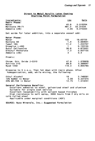 Coatings and Topcoats 11
I n g r e d i e n t s :
Resin Phase:
Water
Maincote PR-71
Ammonia (28)
D i r e c t t o Metal A c r y l i c Latex Coating
S t a r t i n a P o i n t Formulation
Lbs Gals
45.9 5.510204
2.05 0.273333
481.2 55.31034
Set aside f o r l a t e r a d d i t i o n , i n t o a separate vessel add:
Water Phase:
Water
Bentone AD
Tamol 165
Drewpl us L-493
B u t y l Cel l o s o l v e
D i b u t y l Phthalate
Ammonia (28)
Premix:
Chrom. Grn. Oxide 5-5310
A c t i r o x 215
Nyad 1250
Disperse t o 5 n.s.u. Then
homogenization, add, whi
E t h y l Alcohol
15% NaN02 i n Water
20% QR-708 i n Water
150
1.4
11.2
1
36.6
7.3
n
47.9
89.8
116.3
l e t down w i t h r e s i n phase
e mixing, t h e f o l l o w i n g :
18
3.06
12.75
18.00720
0.064641
1.222707
0.133155
4 .a73501
0.8371 55
0.4
1.078828
3.368847
4.805785
4 f t e r
2.748091
0.337375
1 .514251
General Performance Benef t s :
E x c e l l e n t adhesion t o s t e e l , galvanized s t e e l and aluminum
S u i t a b l e f o r s i n g l e coat s e r v i c e
Excel 1ent recoatabi 1it y w i t h s o l v e n t based f i n i s h e s
High r e s i s t a n c e t o s a l t spray, 3000 hours from 2 d r y m i l s on
Appl icab1e under margi nal c o n d i t i o n s (40F)
c o l d r o l l e d s t e e l
SOURCE: Nyco Minerals, I n c . : Suggested Formulation
 