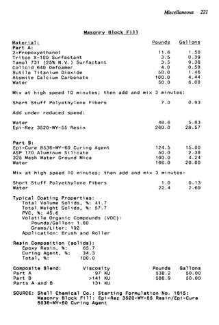 Miscellaneous 221
Masonry B l o c k
M a t e r i a1 :
P a r t A:
2-Propoxyet hanol
T r i t o n X-100 S u r f a c t a n t
Tamol 731 (25% N . V . ) S u r f a c t a n t
C o l l o i d 640 Defoamer
R u t i l e T i t a n i u m D i o x i d e
Atomi t e C a l c i um Carbonate
Water
Pounds
11.6
3 . 5
3.5
4 . 0
50.0
100.0
50.0
Gal l o n s
1.50
0.39
0.38
0.50
1.46
4 . 4 4
6.00
Mix a t h i g h speed 10 minutes; t h e n add and mix 3 m i n u t e s :
S h o r t S t u f f P o l y e t h y l e n e F i b e r s 7 . 0 0 . 9 3
Add under reduced speed:
Water
E p i -Rez 3520-WY-55 Resin
P a r t B:
€pi-Cure 8536-MY-60 C u r i n g Agent
ASP 170 Aluminum S i l i c a t e
325 Mesh Water Ground Mica
Water
48.6 5.83
260.0 28.57
124.5 15.00
50.0 2 . 3 8
100.0 4.24
166.0 20.00
Mix a t h i g h speed 10 minutes; t h e n add and mix 3 m i n u t e s :
S h o r t S t u f f P o l y e t h y l e n e F i b e r s
Water
T y p i c a l C o a t i n g P r o p e r t i e s :
T o t a l Volume S o l i d s , %: 41.7
T o t a l Weight S o l i d s , %: 57.7
PVC, 94: 45.6
V o l a t i l e O r g a n i c Compounds (VOC):
Pounds/Gallon: 1.60
Grams/Li t e r : 192
A p p l i c a t i o n : Brush and R o l l e r
Resin Composition ( s o l i d s ) :
Epoxy Resin, %: 65.7
C u r i n g Agent, %: 34.3
T o t a l , %: 100.0
Composite Blend: V i s c o s i t y
P a r t A 97 KU
P a r t 0 >141 KU
P a r t s A and B 131 KU
1 . o 0.13
22.4 2.69
Pounds Gal 1ons
538.2 50.00
588.9 50.00
SOURCE: S h e l l Chemical Co.: S t a r t i n g F o r m u l a t i o n No. 1615:
Masonry B l o c k F i l l : Epi-Rez 3520-WY-55 Resin/Epi-Cure
8536-MY-60 C u r i n g Agent
 