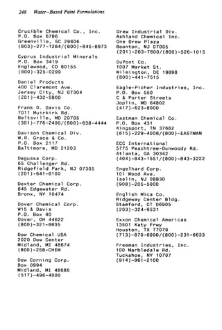 248 Water-Based Paint Formulations
C r u c i b l e Chemical Co., I n c .
P.O. Box 6786
G r e e n v i l l e , SC 29606
(803)-277-1284/(800)-845-8873
Cyprus I n d u s t r i a l M i n e r a l s
P.O. Box 3419
Englewood, CO 80155
(800)-325-0299
Daniel Products
400 Claremont Ave.
Jersey C i t y , NJ 07304
(201)-432-0800
Frank D. Davis Co.
7011 M u i r k i r k Rd.
Bel t s v i 1l e , MD 20705
(301)-776-2400/(800)-638-4444
Davi son Chemical D i v .
W.R. Grace & Co.
P.O. Box 2117
B a l t i m o r e , MD 21203
Degussa Corp.
65 Challenger Rd.
R i d g e f i e l d Park, N J 07305
(201)-641-6100
Dexter Chemical Corp.
845 Edgewater Rd.
Bronx, NY 10474
Dover Chemical Corp
W15 & D a v i s
P.O. Box 40
Dover, OH 44622
(800)-321-8805
Dow Chemical USA
2020 Dow Center
Midland, M I 48674
(800) -258-CHEM
Dow C o r n i n g Corp.
Box 0994
Midland, M I 48686
(5171-496-4000
Drew I n d u s t r i a l D i v .
Ashland Chemical I n c .
One Drew Plaza
Boonton, NJ 07005
(201)-263-7800/(800)-526-1015
DuPont Co.
1007 Market S t .
W i 1m i ngton , DE 19898
(800) -441 -751 5
Eagle-Picher I n d u s t r i e s , I n c .
P.O. Box 550
C & P o r t e r S t r e e t s
J o p l i n , MO 64802
(417)-623-8000
Eastman Chemical Co.
P.O. Box 431
K i n g s p o r t , TN 37662
(615)-229-4006/(8OO)-EASTMAN
ECC I n t e r n a t i o n a l
5775 Peachtree-Dunwoody Rd.
A t l a n t a , GA 30342
(404)-843-1551/(800)-843-3222
Engelhard Corp.
101 Wood Ave.
I s e l i n , N J 08830
(908)-205-5000
E n g l i s h Mica Co.
R i dgeway Center B1dg .
Stamford, CT 06905
(203)-324-9531
Exxon Chemical Americas
13501 Katy Frwy
Houston, TX 77079
(713)-870-6000/(800)-231-6633
Freeman I n d u s t r i e s , I n c .
100 M a r b l e d a l e Rd.
Tuckahoe, NY 10707
(914)-961-2100
 