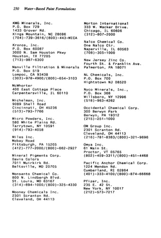 250 Water-Based Paint Formulations
KMG M i n e r a l s , I n c .
P.O. Box 729
1433 Grover Rd.
K i ngs Mountain, NC 28086
(704)-739-3616/(800)-443-MICA
Kronos, I n c .
P.O. Box 60087
3000 N . Sam Houston Pkwy
Houston, TX 77205
(713)-987-6300
M a n v i l l e F i l t r a t i o n 8, M i n e r a l s
P.O. Box 519
Lompoc, CA 93438
(303)-978-4900/(800)-6
McWhorter
400 East Cottage Place
C a r p e n t e r s v i l l e , I L 60
4-31 03
10
Michelman, I n c .
9089 S h e l l Road
C i n c i n n a t i , OH 45236
(5131-793-7766
M i c r o Powders, I n c .
580 White P l a i n s Rd.
Tarrytown, NY 10591
(914)-793-4058
M i l e s I n c .
Mobay Road
P i t t s b u r g h , PA 15205
(412)-777-2000/(800)-662-2927
M i n e r a l Pi gments Corp.
Davis C o l o r s
7011 M u i r k i r k Rd.
B e l t s v i l l e , MD 20705
Monsanto Chemi c a l Co.
800 N . Lindbergh B l v d .
S t . Loui s, MO 63167
(314)-694-1000/(800)-325-4330
Mooney Chemicals I n c .
2301 Scranton Rd.
Cleveland, OH 44113
Morton I n t e r n a t i o n a l
333 W. Wacker D r i v e .
Chicago, I L 60606
Nalco Chemical Co.
One N a l c o C t r .
N a p e r v i l l e , I L 60563
(312)-807-2000
(708)-305-1000
New Jersey Z i n c Co.
F o u r t h S t . 8 F r a n k l i n Ave.
Palmerton, PA 18071
NL Chemicals, I n c .
P.O. Box 700
Hightstown NJ 08520
Nyco M i n e r a l s , I n c . ,
P.O. Box 368
W i l l s b o r o , NY 12996
(5181-963-4262
O c c i d e n t a l Chemical Corp.
300 Berwyn Park
Berwyn, PA 19312
(215)-251-1000
OM Group I n c .
2301 Scranton Rd.
Cleveland, OH 44113
(216)-781-8383/(800)-321-9696
Omya I n c .
61 Main S t .
P r o c t o r , VT 05765
(802)-459-3311/(800)-451-4468
Paci f ic Anchor Chemical Corp.
1224 Mendon Rd.
Cumberland, R I 02864
(401)-333-4100/(800)-874-66668
P f i z e r , I n c .
235 E. 42 S t .
New York, NY 10017
(212)-573-7217
 